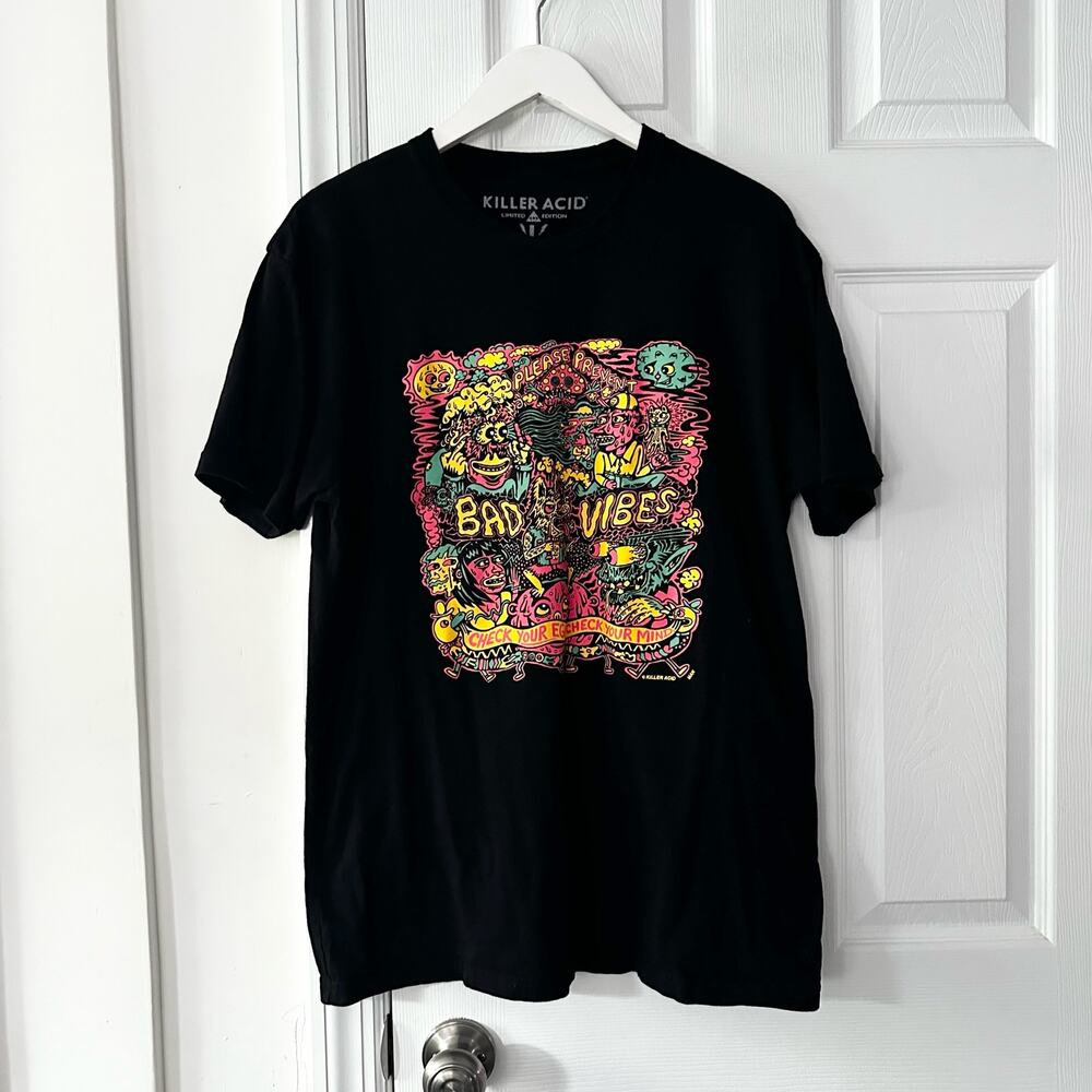 Killer Acid UO Black Short Sleeve Prevent Bad Vibes Graphic Trippy Tee Large